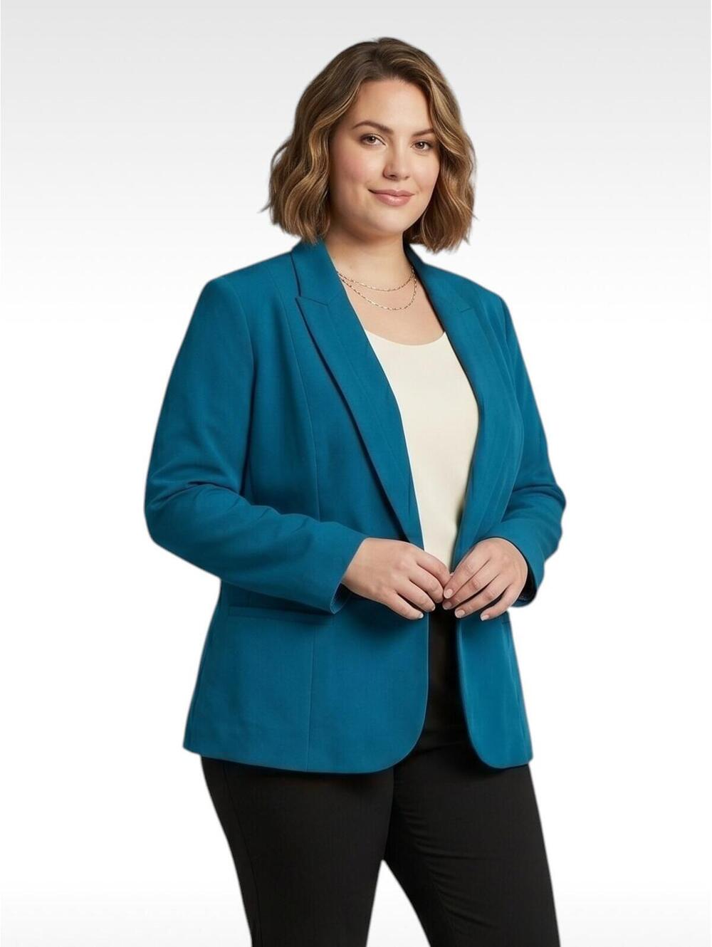 Worthington 1X Open Front Waterfall Blazer Jacket Teal EUC Pinstripe Cuff